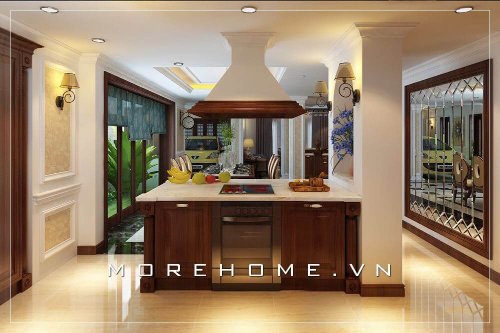 Thiết kế nội thất phòng bếp biệt thự tân cổ điển sử dụng tone màu trầm ấm cúng, sang trọng và đẳng cấp
